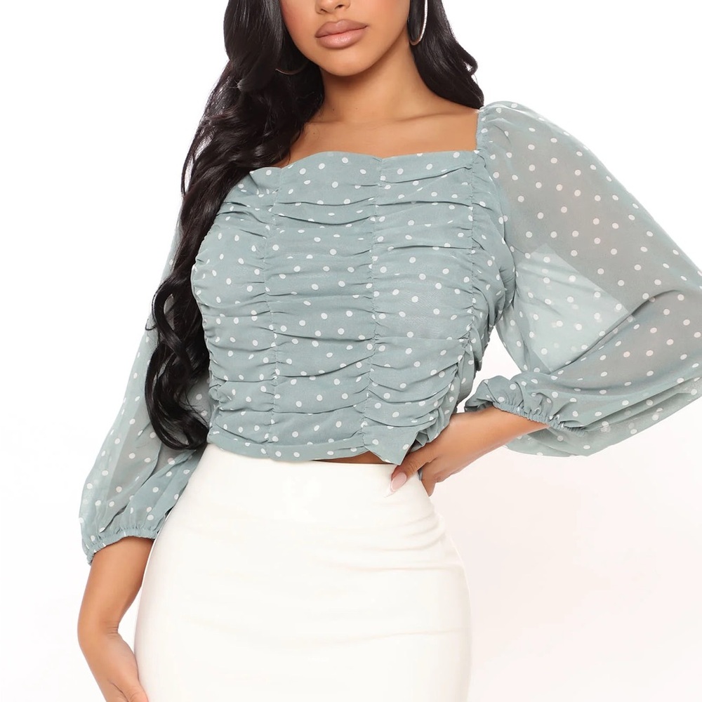 Brunch on Sundays - Elegant Polka Dot Ruched Top in Sage